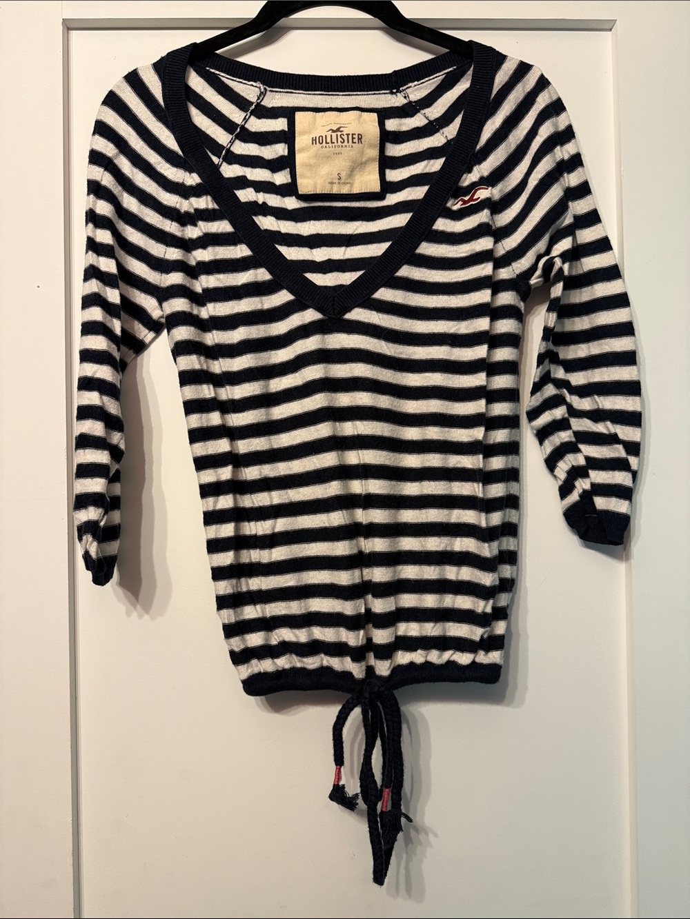 Hollister Blue & White Striped V-Neck Drawstring Sweater